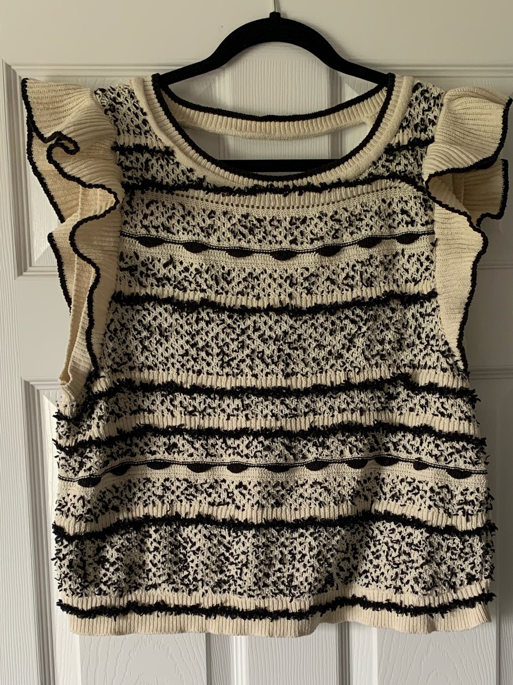 Anthropologie Cream & Black Ruffle Knit Tank Top